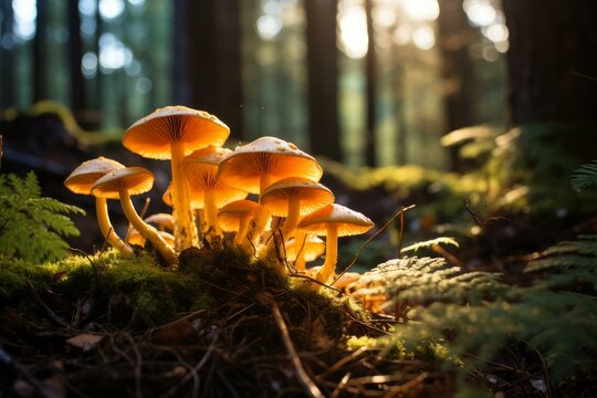 Cluster of mushrooms growing on a mossy forest floor, illuminated by golden hour sunlight - Powered by Adobe