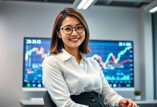 Female financial analyst sitting in front of a large monitor displaying stock market graphs