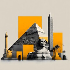 Abstract collage of Egyptian landmarks: Pyramids, Sphinx, Obelisk, with modern yellow blocks.