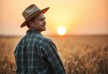 Male farmer standing in golden wheat field during soft sunrise