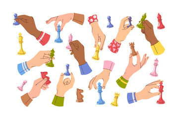 Human hands holding different chess pieces and figures isolated cartoon set on white background