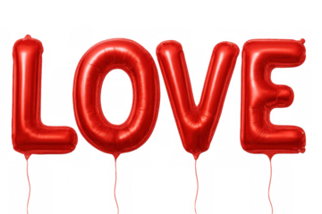 Red foil balloons spelling love hovering against transparent backdrop, ideal for romantic valentine's themed designs and celebrations