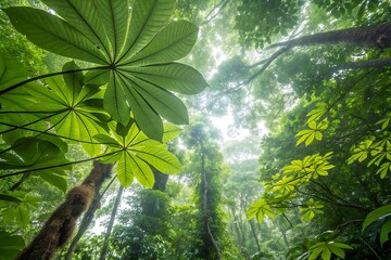 Tropical rainforest canopy view from below, light piercing through leaves, immersive natural vibe

