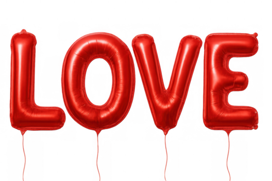 Red foil balloons spelling love hovering against transparent backdrop, ideal for romantic valentine's themed designs and celebrations