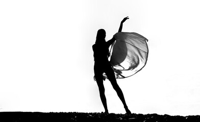black silhouette of one alone female lady Woman with transparent Shirt Standing on Beach  Windy weather Cloudy sky heaven  Summertime Summer time season Isolated on white background Illustration