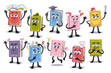Cute paper books cartoon characters poetry, fairy tales, culinary and education literature set