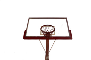 Basketball hoop, red ring and net, blue sky background, underview. Sunny day, outdoors sport court isolated on white background