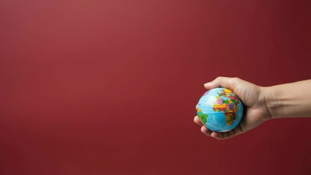 Hand holding small globe against red background