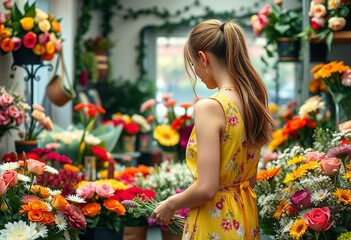 Female florist in a colorful shop with bouquets and arrangements