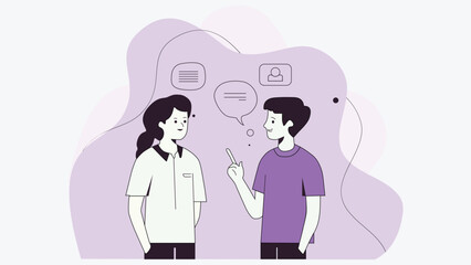 Two People Discussing Ideas with Speech Bubbles in a Modern Illustration