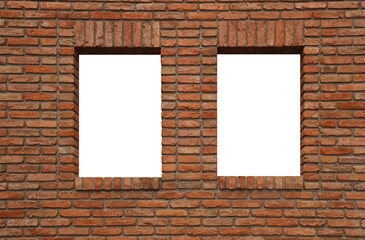 2 two windows with a plastic frames and a new modern red brick wall with textured. Flowers in pots behind glass. front view.  mockup white blank template Mock up Mock-up