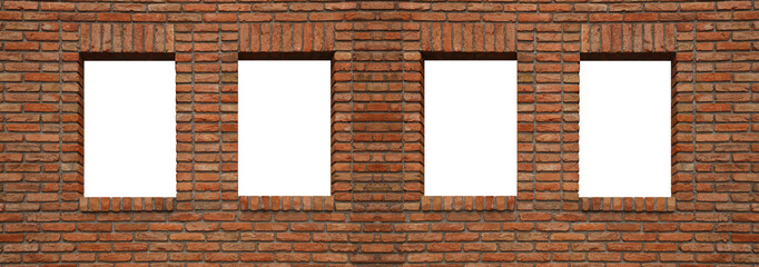 2 two windows with a plastic frames and a new modern red brick wall with textured. Flowers in pots behind glass. front view.  mockup white blank template Mock up Mock-up