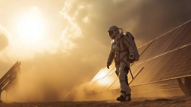 Einsamer Raumfahrer &uuml;berpr&uuml;ft Solaranlage unter sengender Sonne. K&uuml;nstliche Intelligenz KI