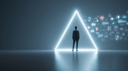 Fototapeta premium 3D illustration of a businessman standing before a glowing triangle with digital icons, representing innovation, data, and future business solutions.