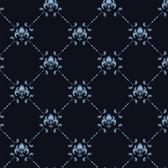 A luxurious seamless damask pattern featuring intricate floral motifs in shades of blue, arranged in a diamond grid layout. Set against a deep navy background