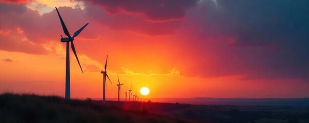 Wind Turbines Silhouetted Against Vibrant Sunset, Hazy Orange Glow, Clean Energy, Environmental Impact
