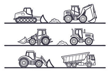 Bulldozer excavator loader tractor dump truck moving earth vector