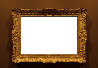 1 one  white mockup mock up Blank golden frame isolated on green wall background. antique gold frame on wooden wall backdrop , for Graphics design. empty template Baroque rococo style