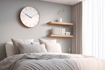 Naklejka premium Elegant modern bedroom with natural light and minimalist decor featuring a clock and shelves