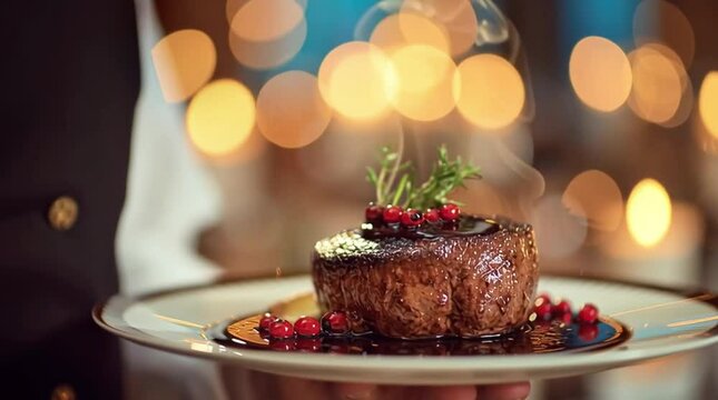 Waiter serves gourmet filet mignon with wine sauce in fine dining setting. Slow motion. 4K.
