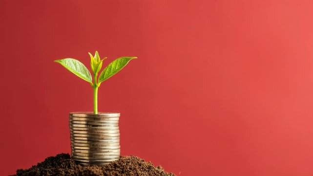 Growing plant in stack of coins on soil with red background