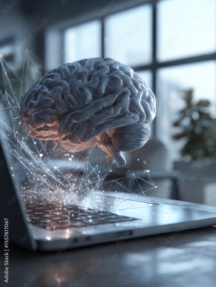 Poster ai and ml innovations powered by deep networks, a brain hovers above a laptop, symbolizing creativit