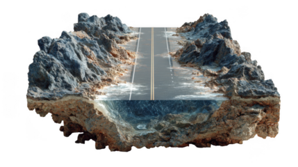 A coastal road floats on a rocky island above the ocean waves isolated on transparent background