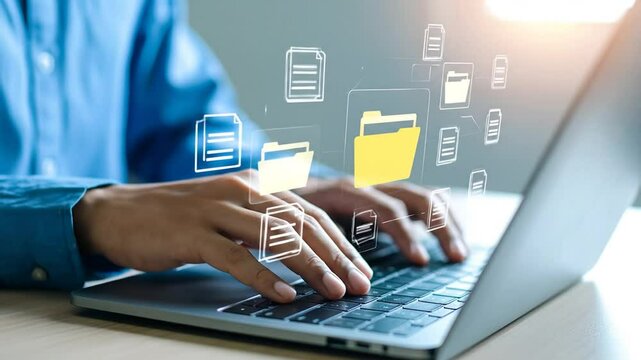 Digital document management system concept with folders and files on computer screen