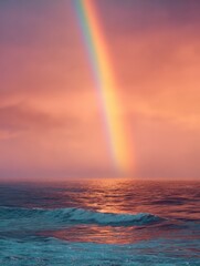 A rainbow stretching over the ocean at sunset creating a mesmerizing and serene coastal scene Illustration, Image, , Minimalism, © Johannes