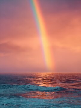 A rainbow stretching over the ocean at sunset creating a mesmerizing and serene coastal scene Illustration, Image, , Minimalism,