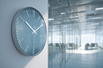 Modern clock displayed in a bright office environment with glass walls showing a corporate workspace in the background