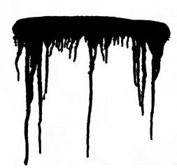 close up of paint leaking down isolated on white background. Black fluid on white backdrop. Black flow flowing paint splash