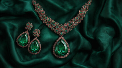 Elegant emerald green jewelry necklace and earrings set, exquisite precious stone set on luxury deep teal silk background