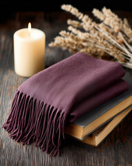 Cozy ambiance with a folded burgundy scarf, lit candle, and dried plants on old books, warm home scene