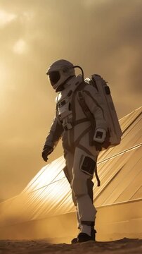 Einsamer Raumfahrer &uuml;berpr&uuml;ft Solaranlage unter sengender Sonne. K&uuml;nstliche Intelligenz KI