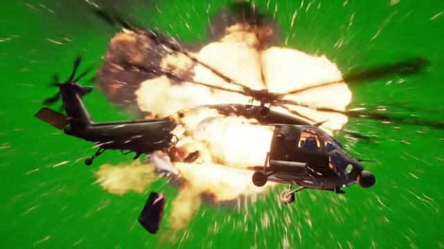 This is a VFX animation of a military helicopter exploding mid-flight against a green screen.