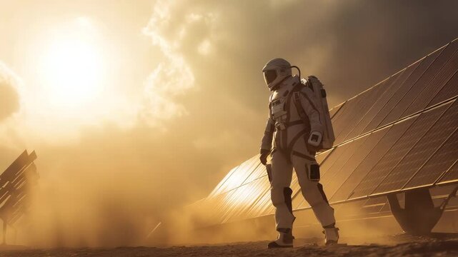Astronaut als Techniker auf fremdem Planeten mit Solartechnik. K&uuml;nstliche Intelligenz KI