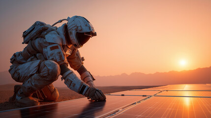 Astronaut in Wüstenszenerie mit Solarpanels bei Sonnenuntergang. Künstliche Intelligenz KI