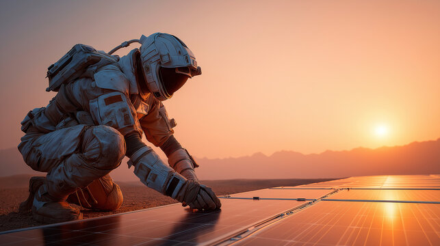 Astronaut in W&uuml;stenszenerie mit Solarpanels bei Sonnenuntergang. K&uuml;nstliche Intelligenz KI