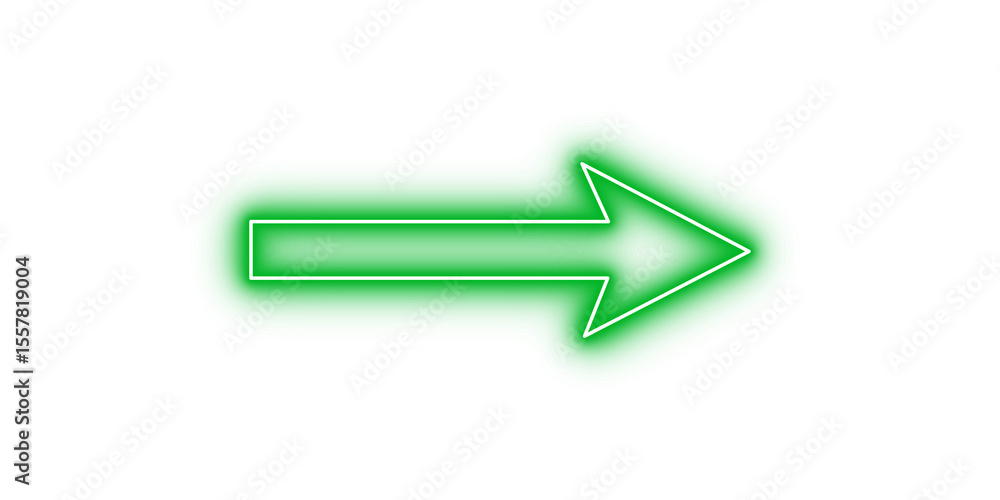Poster bright green color neon light arrow pointing right with glowing effect on transparent background for