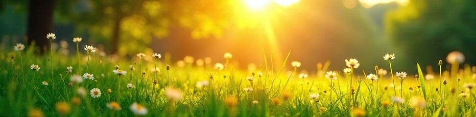 Golden Hour Meadow Wildflowers Swaying in Gentle Summer Breeze, Idyllic Nature Scene