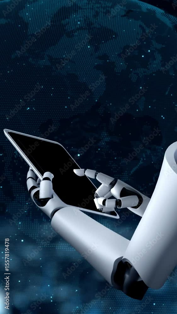 Poster robot hominoid using tablet computer for big data analytic using ai thinking brain , artificial inte