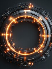 Abstract futuristic circular technological device with glowing orange details.