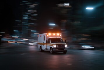 Speeding ambulance in night city streets with blurred lights and motion