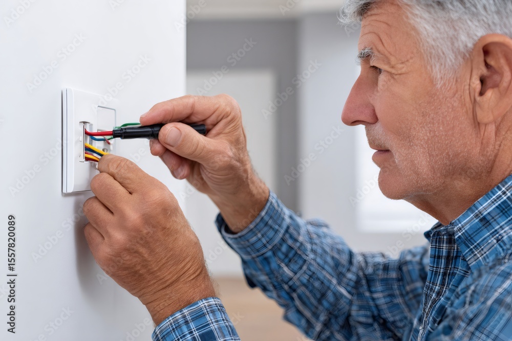 Poster electrician installing smart thermostat, connecting cables and wires using screwdriver