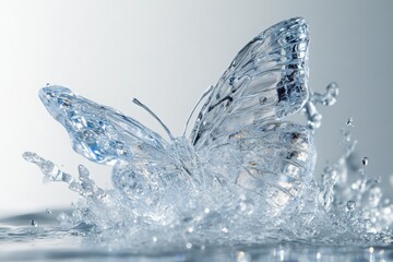 Transparent butterfly sculpture emerging from water splash, showcasing intricate details and reflections, symbolizing beauty and transformation in a serene environment