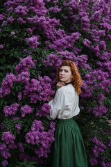 Young pretty caucasian woman in romantic outfit walking in blooming spring garden. Artistic outdoor photo of beautiful red-haired girl posing in fragrant lilac blossom.