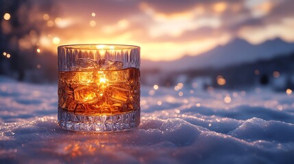 Whiskey glass on snow at sunset