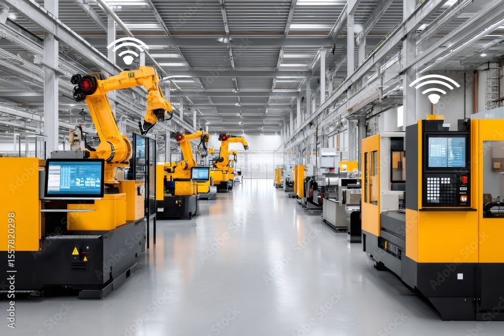Aufkleber robotic arms working in modern automated factory with wireless communication