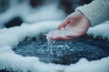 Fototapeta premium Hand gently splashing water from a snowy fountain, showcasing the interaction between human touch and nature, with droplets sparkling in the cool winter light